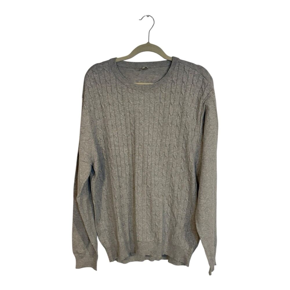 Gray Sweater Men’s L Cable Knit Crew Neck Lightweight Academia Cotton Blend